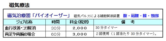 健康サロンの提供サービス「磁気療法」①磁気治療器バイオイーザーは磁気パルスによる細胞賦活装置として、血行の改善、コリの改善と厚生労働省に認可された好評の数少ない磁気治療器です。②磁気リングの中に、飲料水を入れたペットボトルを入れて30分で磁化水が生成されます。磁化水は整腸効果や疲れが取れるなどの体験者も多く評判です。、