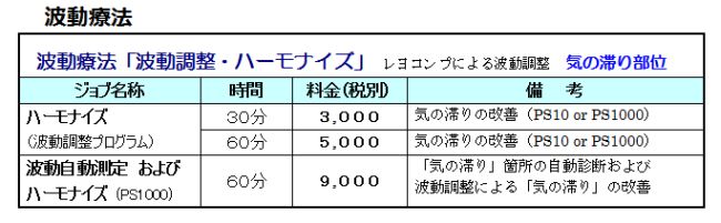 健康サロンのサービス「波動療法」①ドイツ振動医学のバイオレゾナンス器「レヨコンプPS10、レョコンプPS1000ポラー」を使用して、全身の気の滞りを測定。気の流れの悪いところを見つけ出して、人体の経絡や経穴（ツボ）図に画面表示して見える化（ビジュアル化）します。②気の流れが良くない所は波動調整して体内の気のエネルギーを高め、生命力を図ります。③波動調整しても気の滞りが改善されない部位は、何がもとで改善されないのか原因を絞りこんで、電磁波や土地（地下断層・水脈）の刺激波を現地で測定して、不具合があれば有害波の除去や回避を提案します。