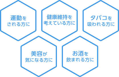 「健康維持を考えている方に」「運動をされる方に」「タバコを吸われる方に」「美容が気になる方に」「お酒を飲まれる方に」