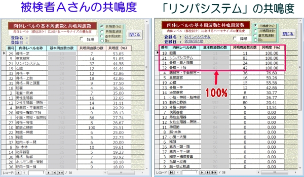 肉体レベルの共鳴度の比較