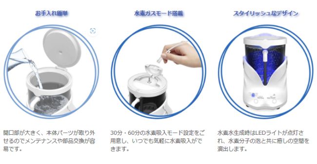 リタオクアの使い方説明　開口部が大きく、お手入れ簡単。本体パーツは取り外し可能でパーツ交換も簡単。水道水の利用も可能で経済的！持ち運びも楽！水素ガス吸入が可能。３０分・６０分のモード設定があり、気軽に水素ガスの吸入ができます。水素生成時はLEDライトが光り、泡と共に空間をおしゃれに演出。そして何より取手が着いて持ち運びやすいのも特徴！お部屋の移動や病院などへの持ち込みも簡単です
